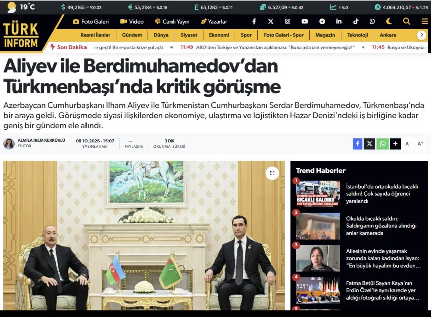 Türkiyə mediası Azərbaycan Prezidentinin Türkmənistan səfərindən yazdı - FOTOLAR