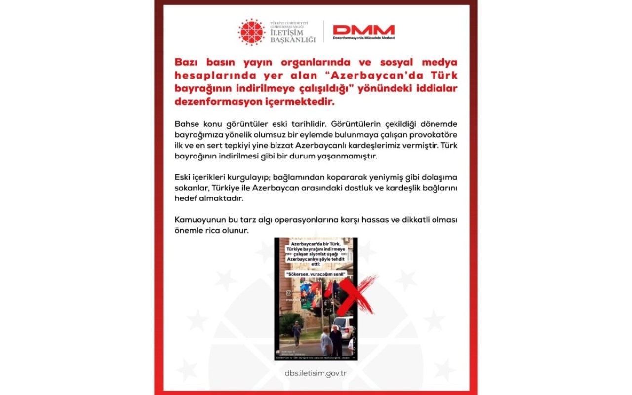 Türkiyə bayrağının Azərbaycanda endirilməsinə cəhd iddiaları dezinformasiyadır - Türkiyə PA